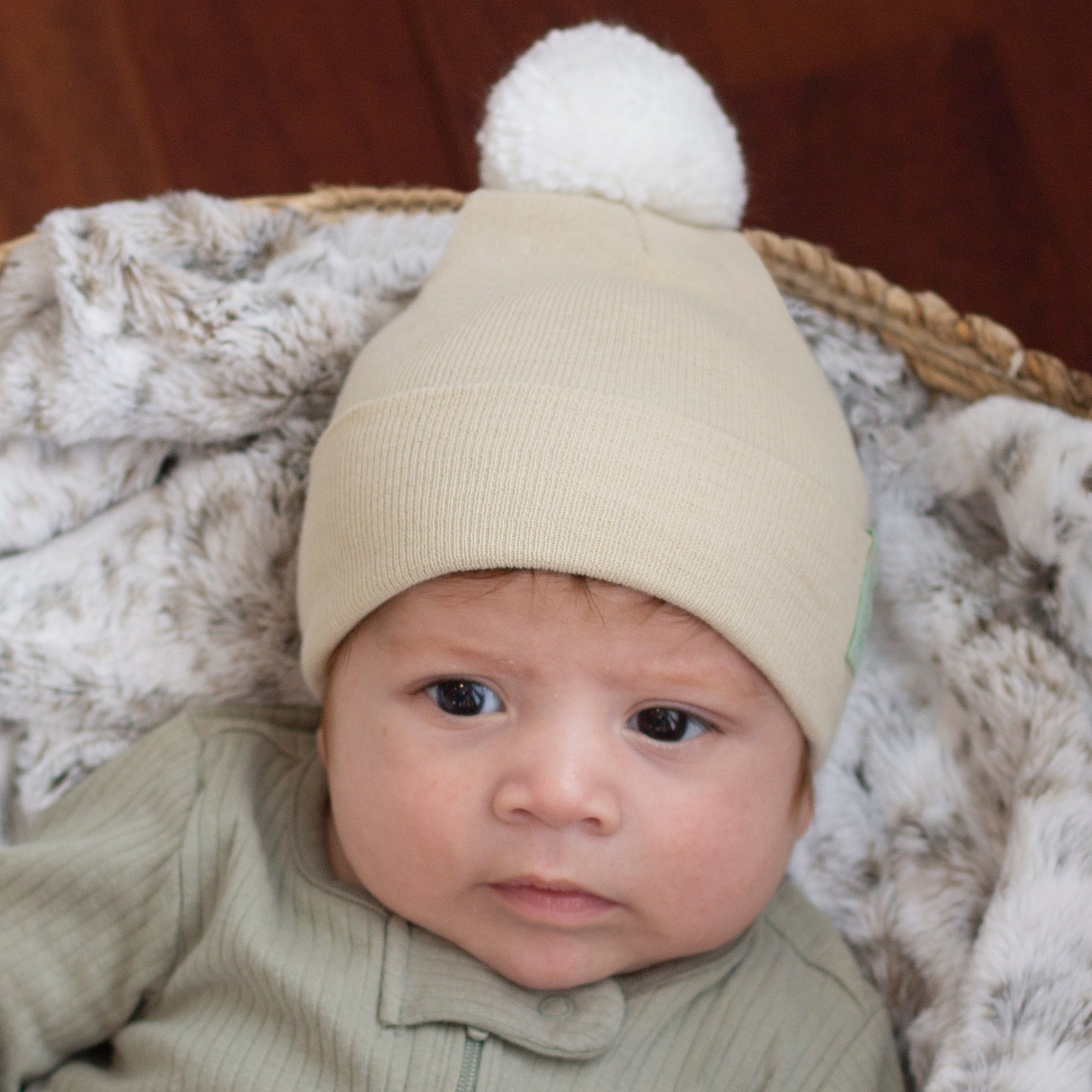 Oatmeal White Pom Newborn Hospital Hat - Gender Neutral for newborn boys or girls- Personalization Optional
