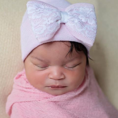 ilybean Lace Covered Pink Bow and Pink Newborn Hospital Hat- Nursery Beanie for Girls