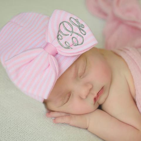 ilybean WIDE Pink and White Striped Bow with Monogrammed