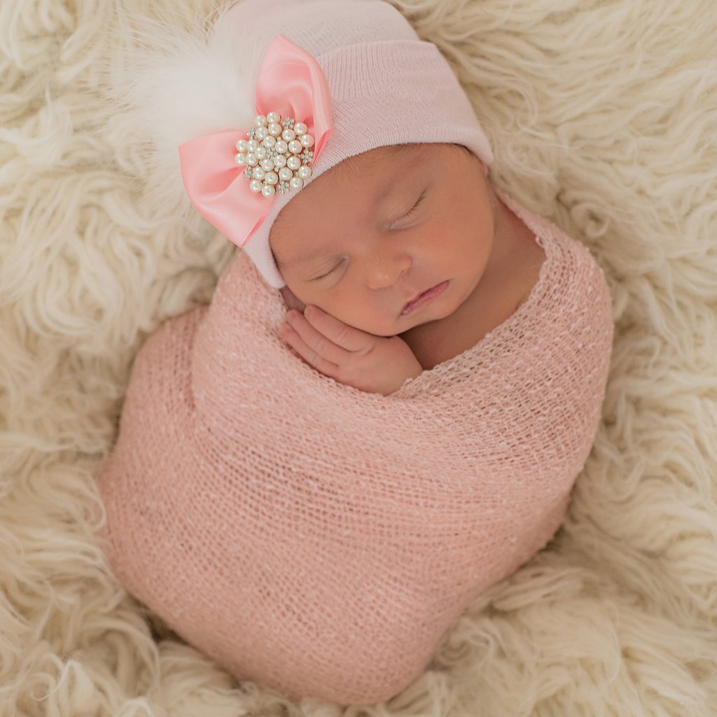 White or Pink Fancy Feather With Pearl And Rhinestone Jewel Newborn Girl Hospital Hat - White Hospital Hat