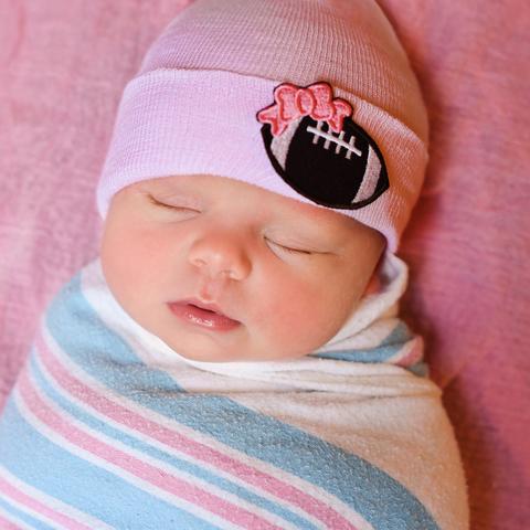 ilybean White or Pink Football Bow Patch Newborn Girl Hospital Hat -Football Newborn Girl Hat