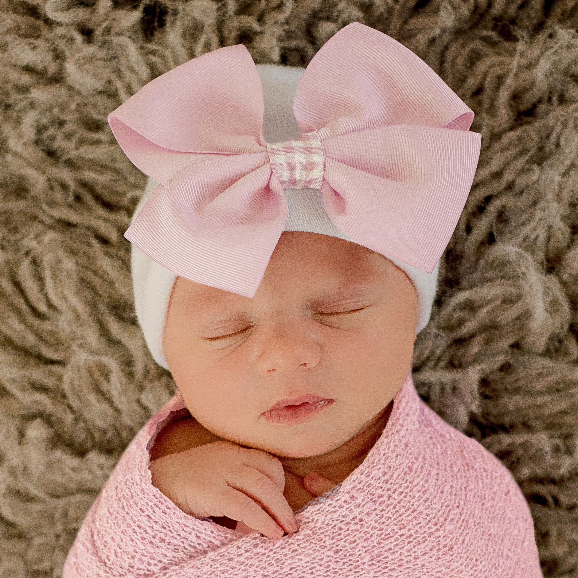 Pink Gingham Bow Newborn Girl Hat -Pink Bow with Pink Gingham Ribbon on White Hat