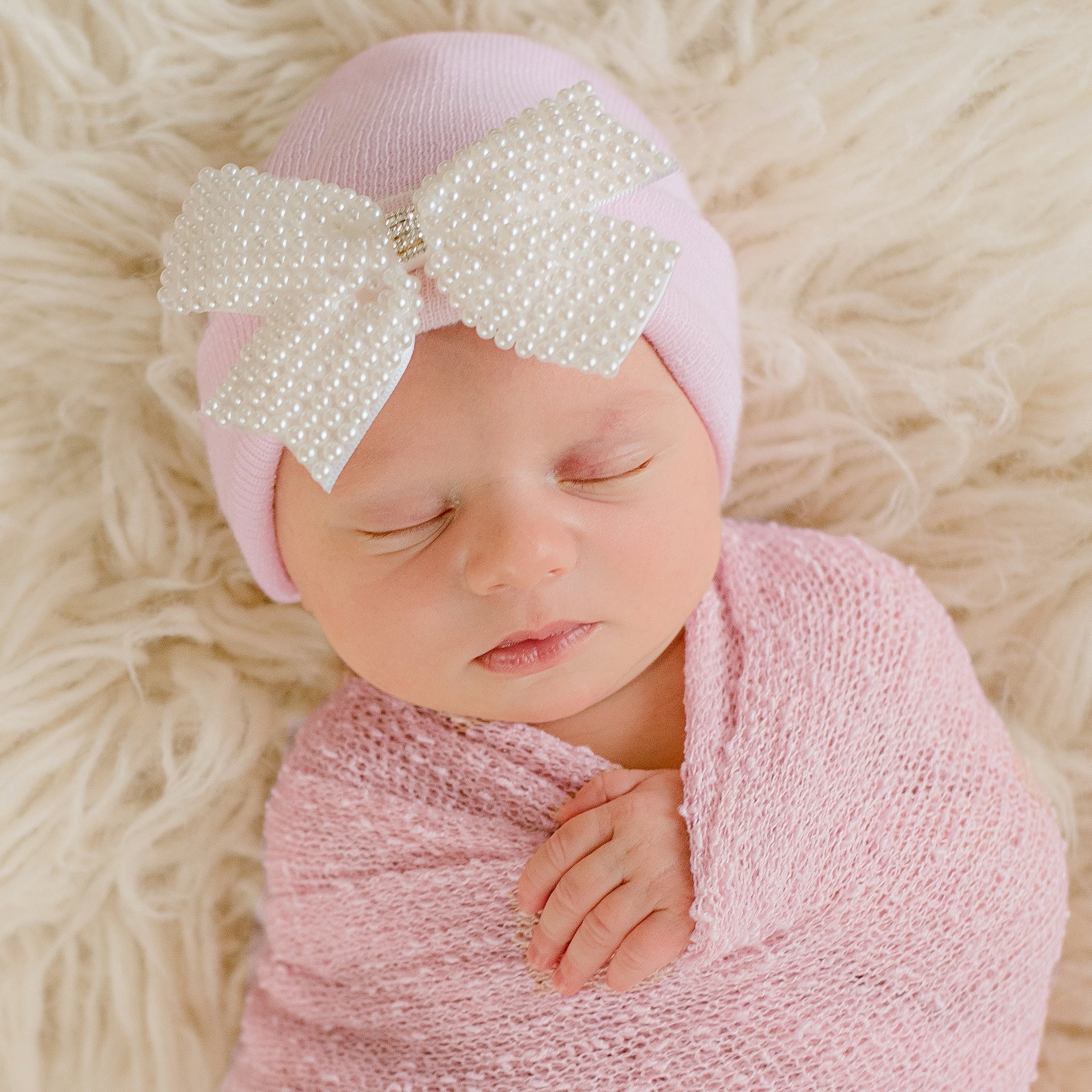 Lacey Pearl Bow Nursery Newborn Girl Pink Hospital Hat