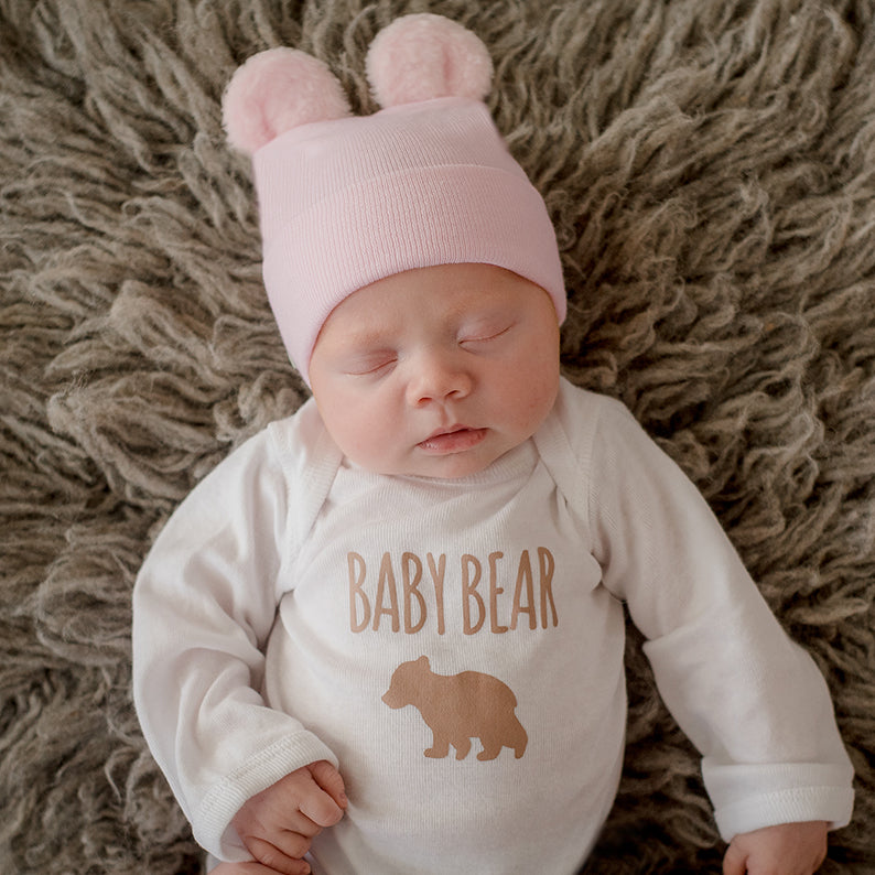 Baby Bear Fuzzy White Bear Hat with Matching Baby Bear Onesie- Gender Neutral Take Home Outfit for Newborns