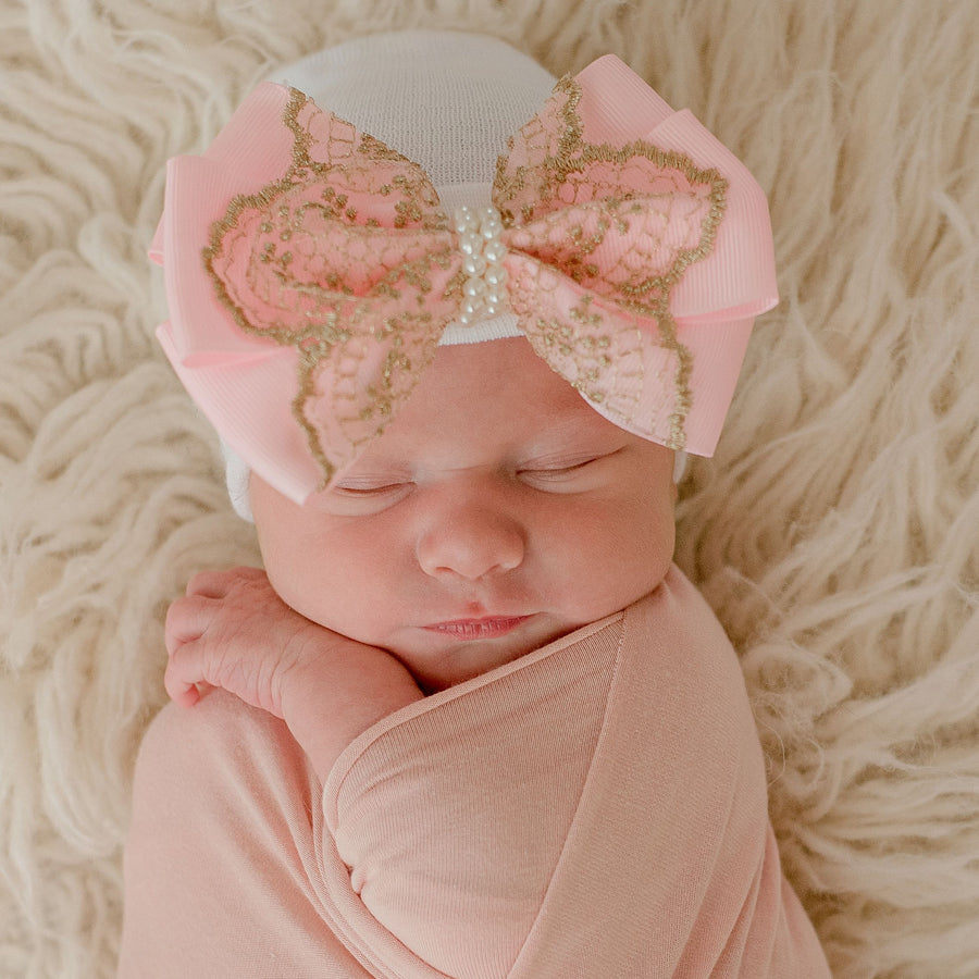 Elegant Gold Lace with Pearl Strand Newborn Girl Hospital Hat - White or Pink Baby Girl Hat - Newborn Hospital Hat for Girls - Gold Lace