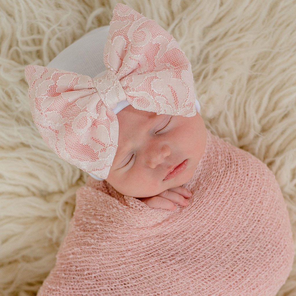 ilybean Pink Lace Bow White Hospital Hat- Nursery Beanie For Girls
