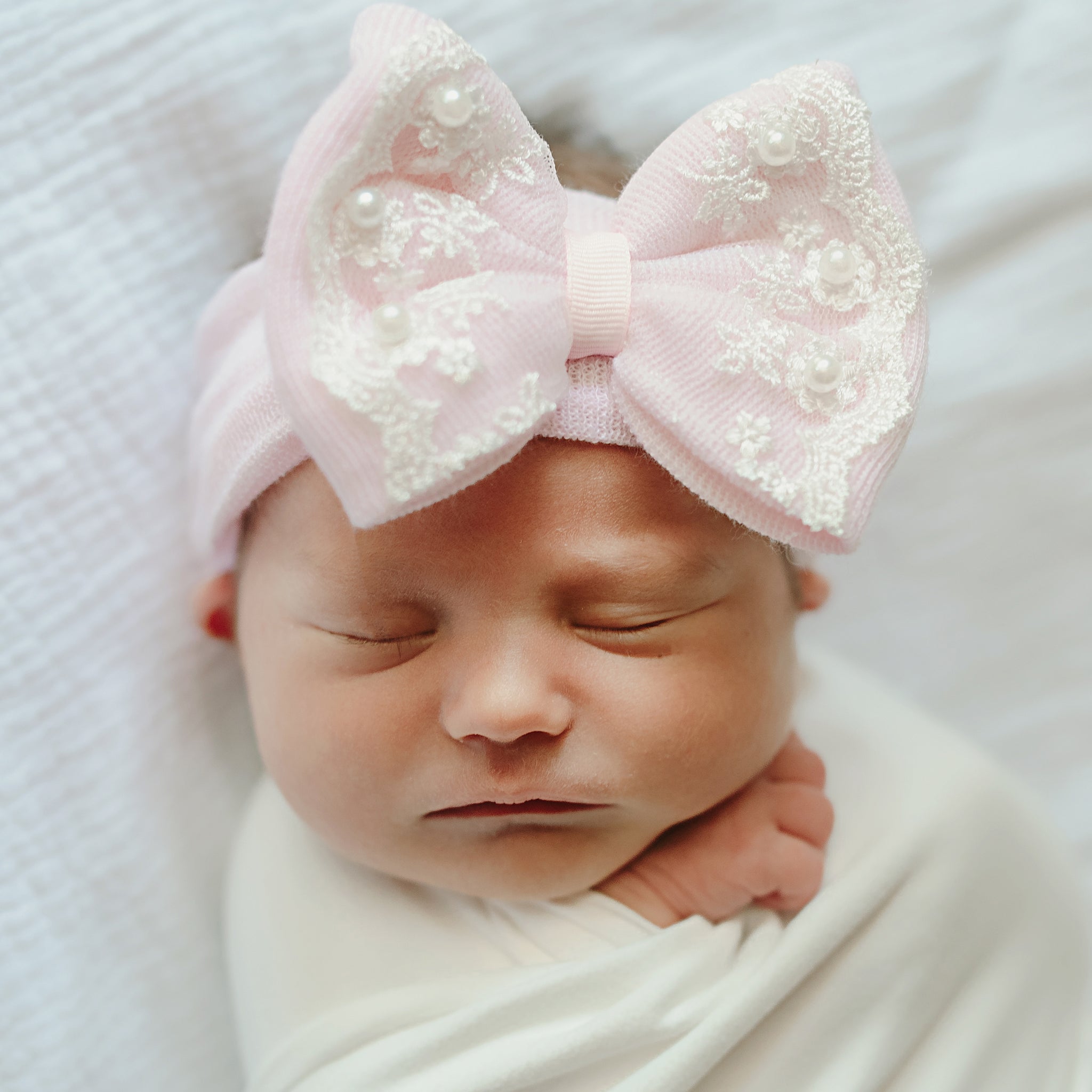 ilybean Pink Lace And Pearl Trim Newborn Girl Nursery Headband - Newborn Hospital Headband - Nursery Headband