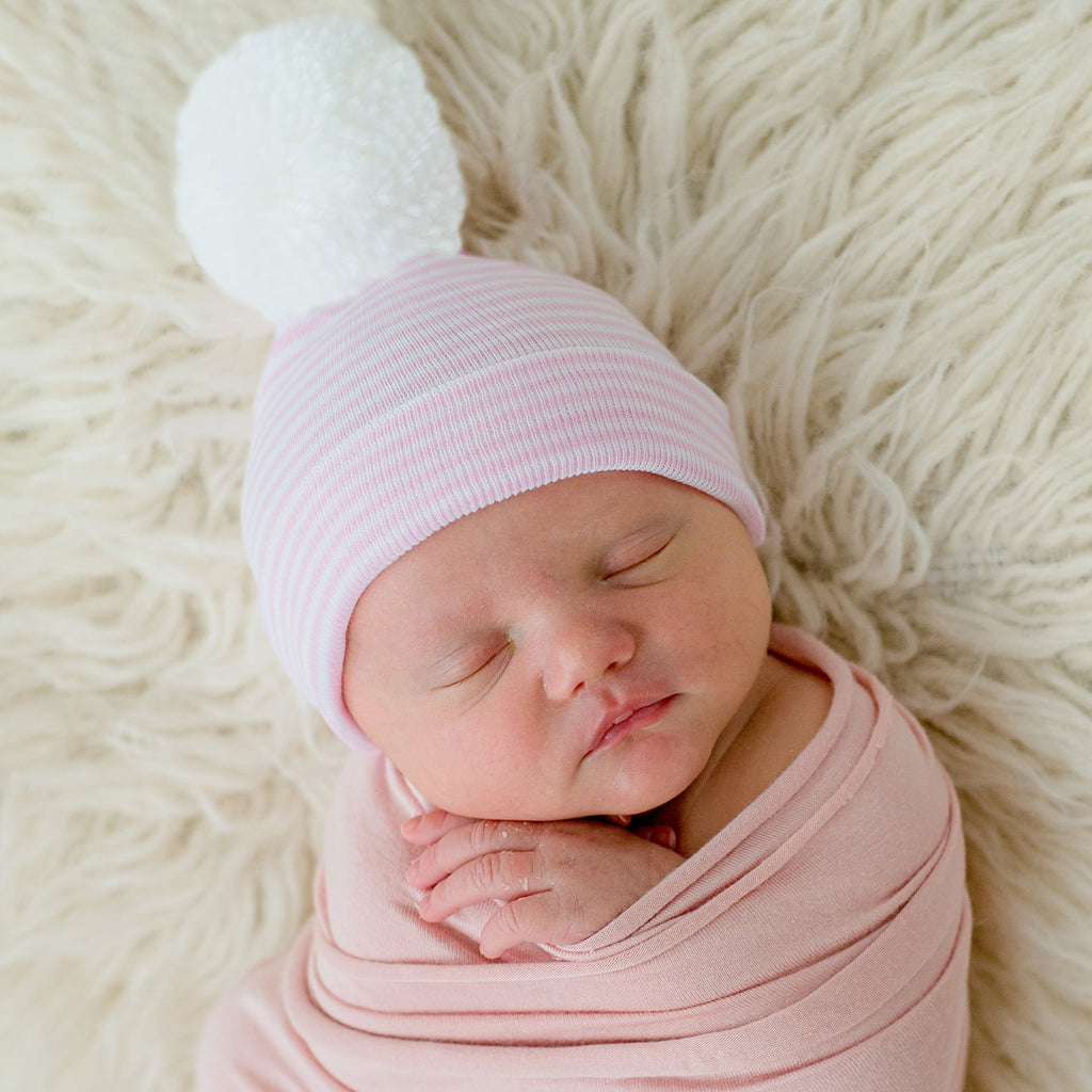 Wide Blue And White Striped Newborn Baby Boy Hospital Beanie With White Pom Pom Hat Infant Hat Newborn Hat (Personalization Optional)