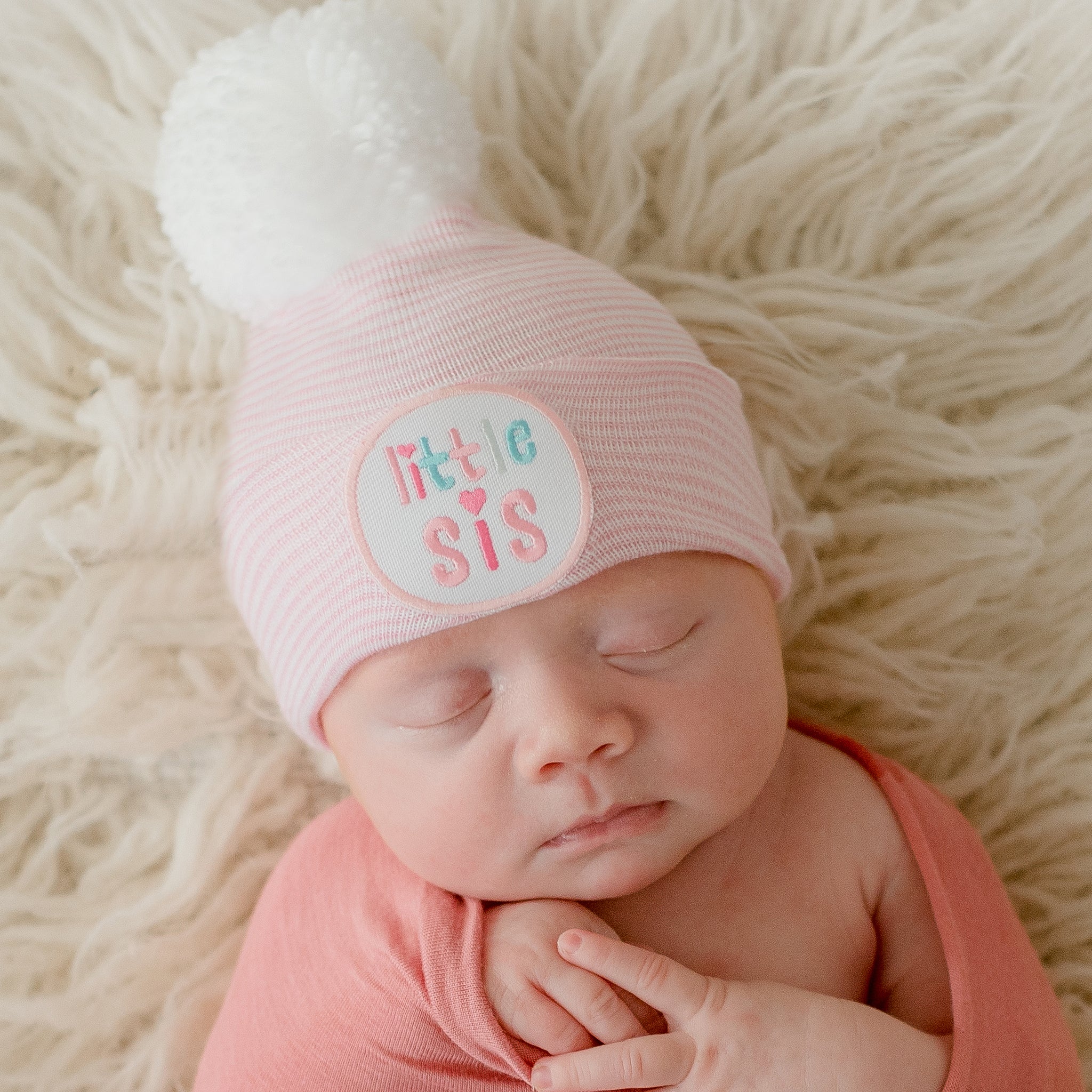 ilybean Little Sis with White Pom Pom Newborn Girl Hospital Hat - White, Pink and Striped Hat