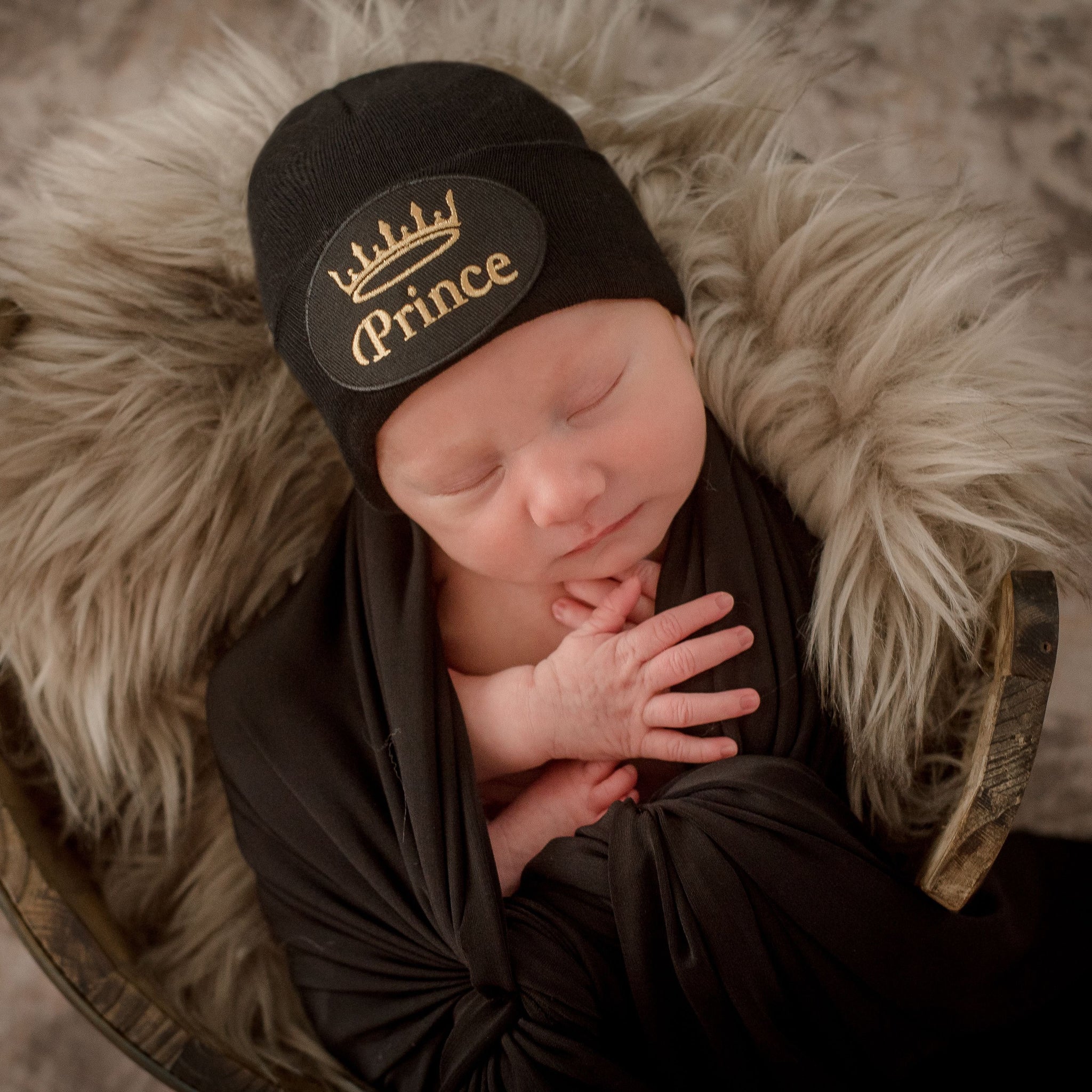 Gold Prince Patch Black Hospital Hat - Newborn Boy Prince Hat with Gold Crown
