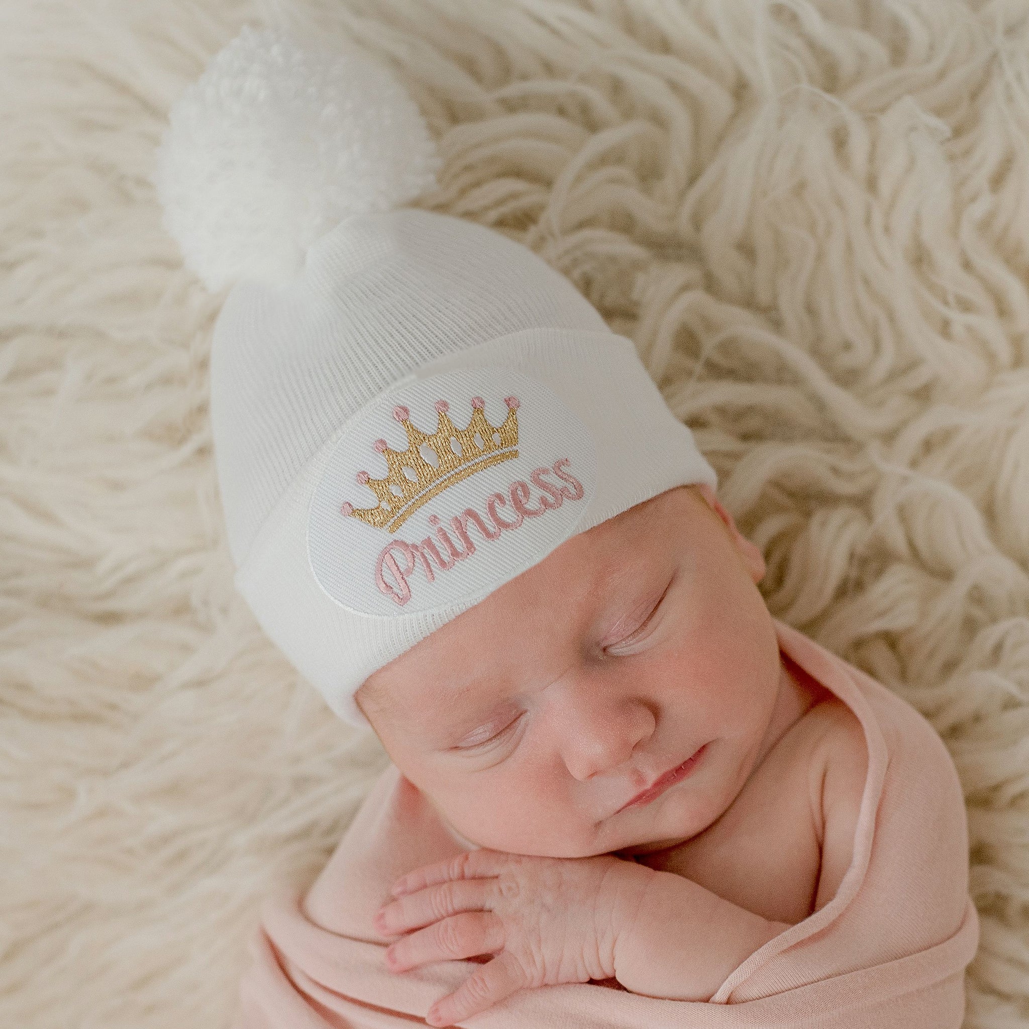 Pink and Gold Princess Patch White Hospital Hat with White Pom Pom Newborn Girl Hat