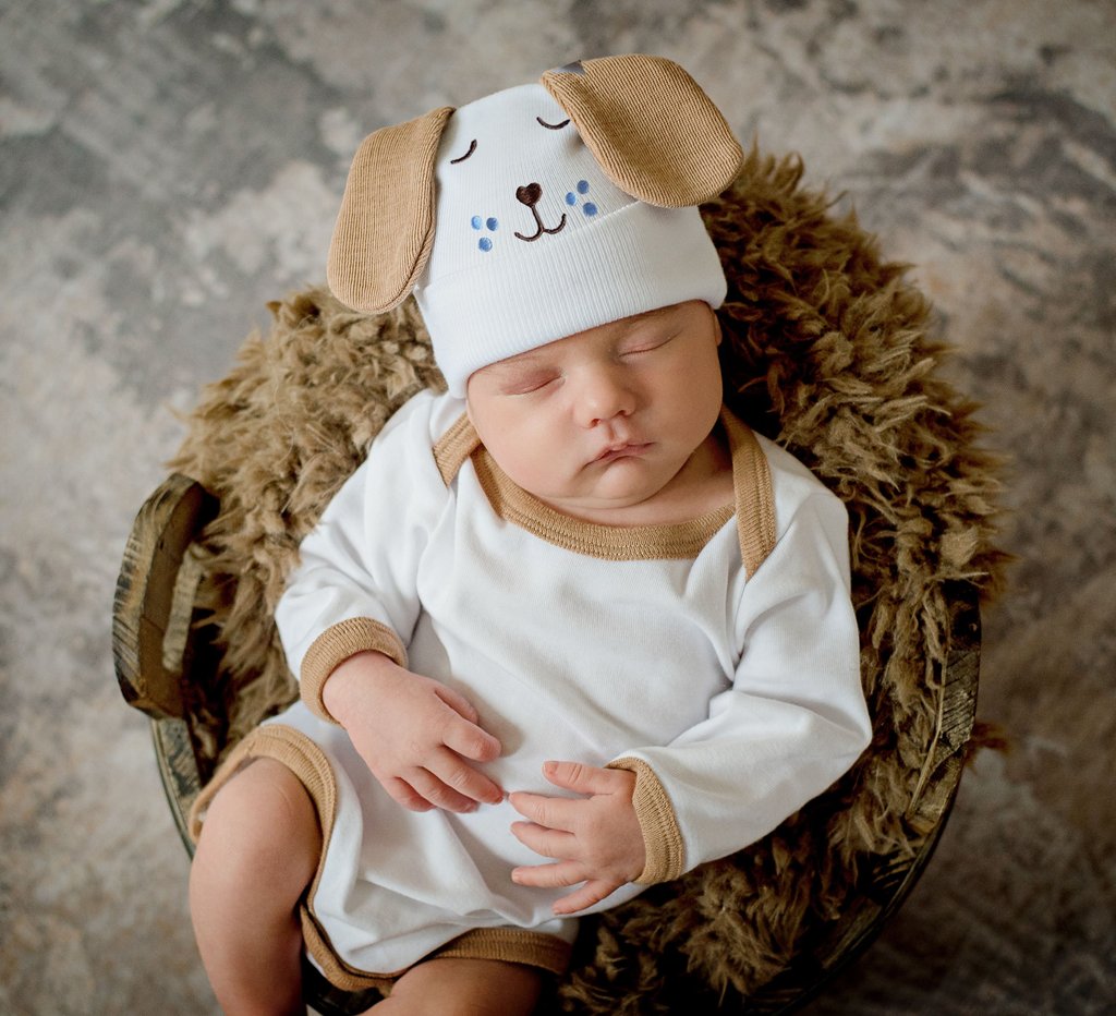 Puppy Dog Face With Ears And Matching Onesie SET Newborn And Baby Hospital Hat