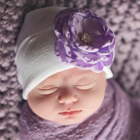 ilybean White Hat with Layered Pink (or Purple) Silk Flower with Pearl Rhinestone Center Newborn