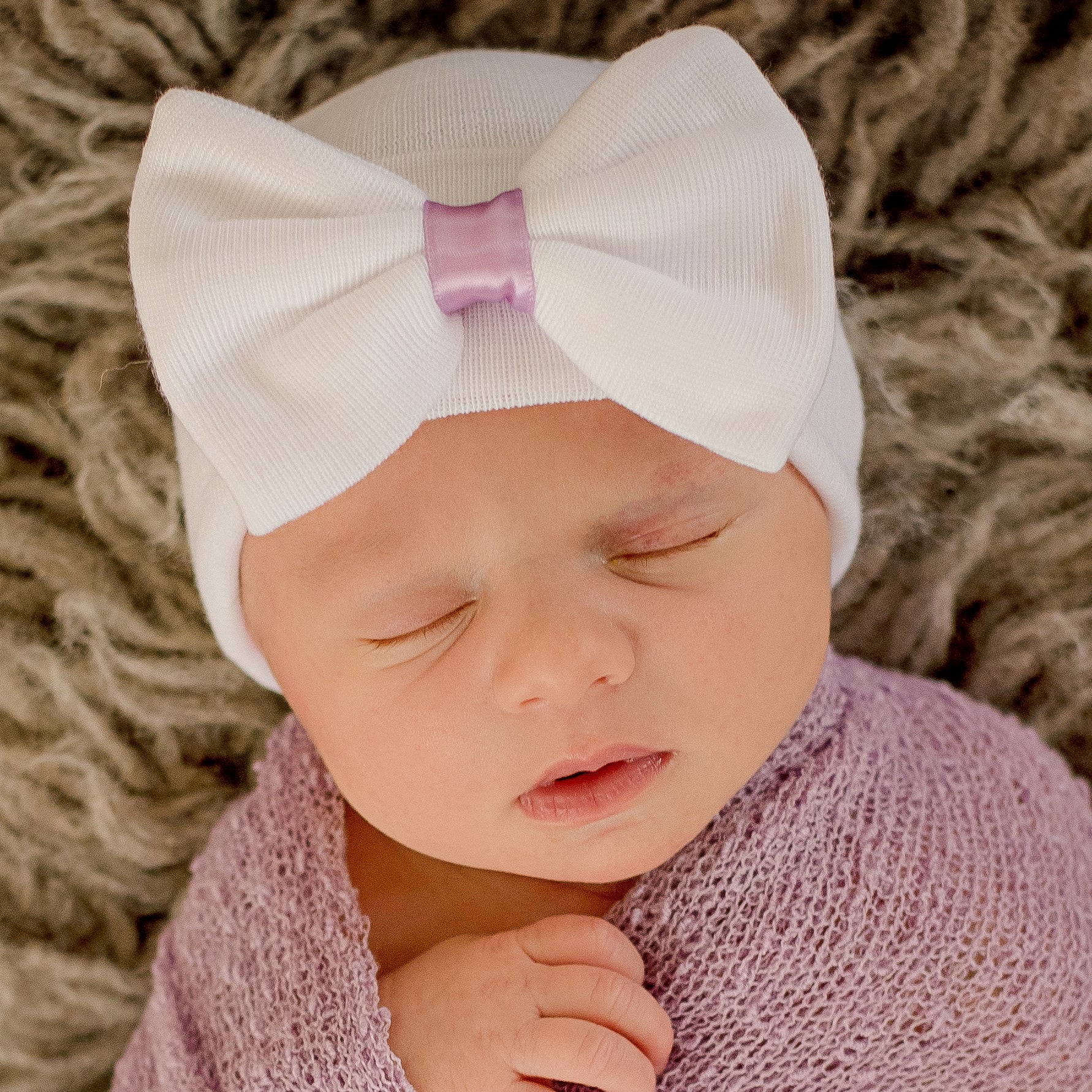 Bridgett Bow White Big Bow Newborn Girl Hospital Hat - White Hat with Purple Ribbon
