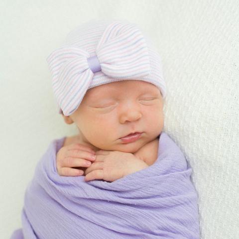 ilybean Purple and Pink Striped Big Bow Newborn Girl Hospital Hat