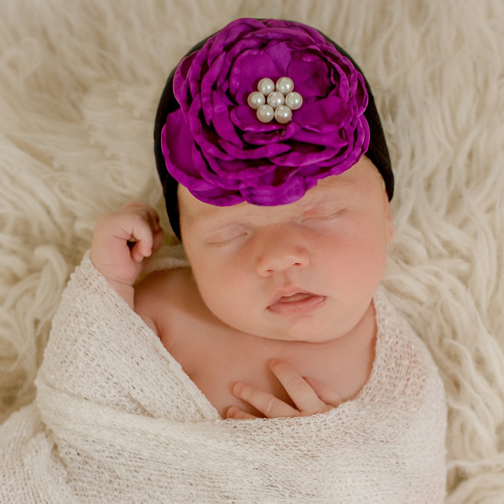 Black Hat Layered Deep Purple Colored Silk Flower With Pearl Rhinestone Center Newborn