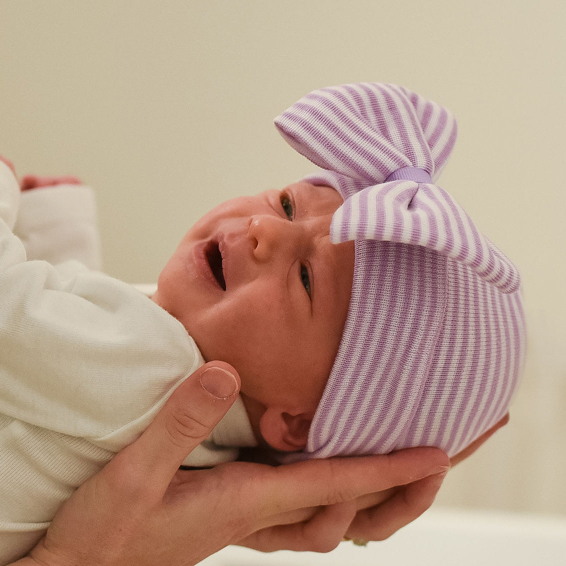 Ilybean Stella Lavender and White Striped Bow with White Ribbon Center - Newborn Girl Hospital Hat