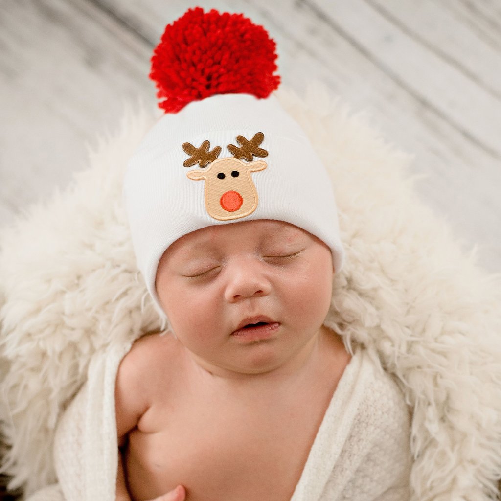 ilybean Red Nosed Reindeer Hospital Hat With Red Pom Pom Newborn Hospital Hat for Christmas Newborns