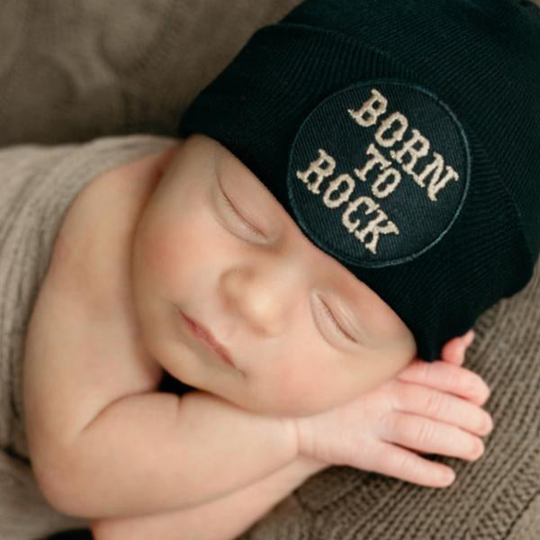 Black Born to Rock Newborn Hospital Hat - Newborn Girl and Boy Hat - Gender Neutral Rock Hat