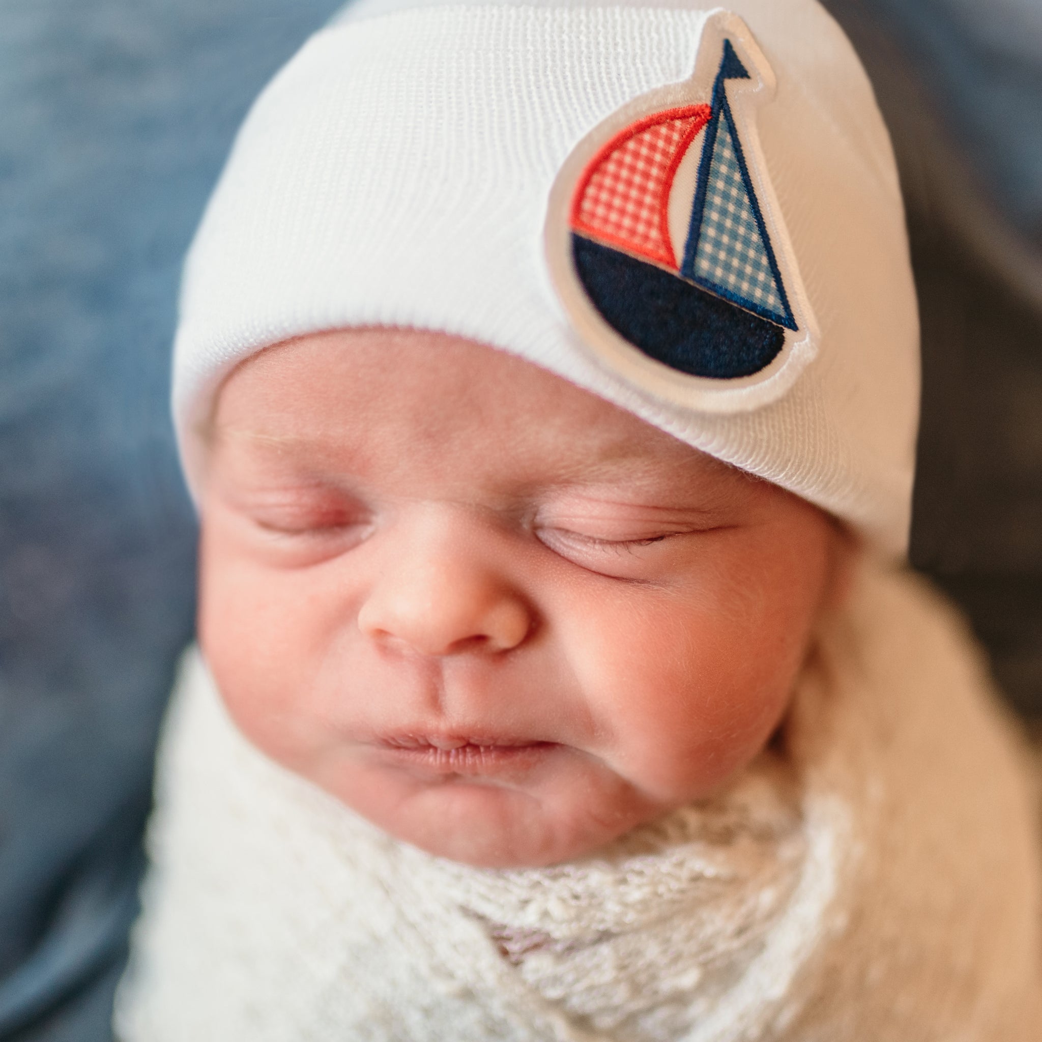 Gingham Sailboat White Newborn Boy Hospital Hat