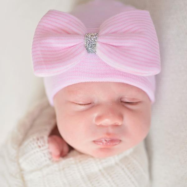 Silver Shimmer Ribbon Pink and White Striped Newborn Girl Hospital Hat