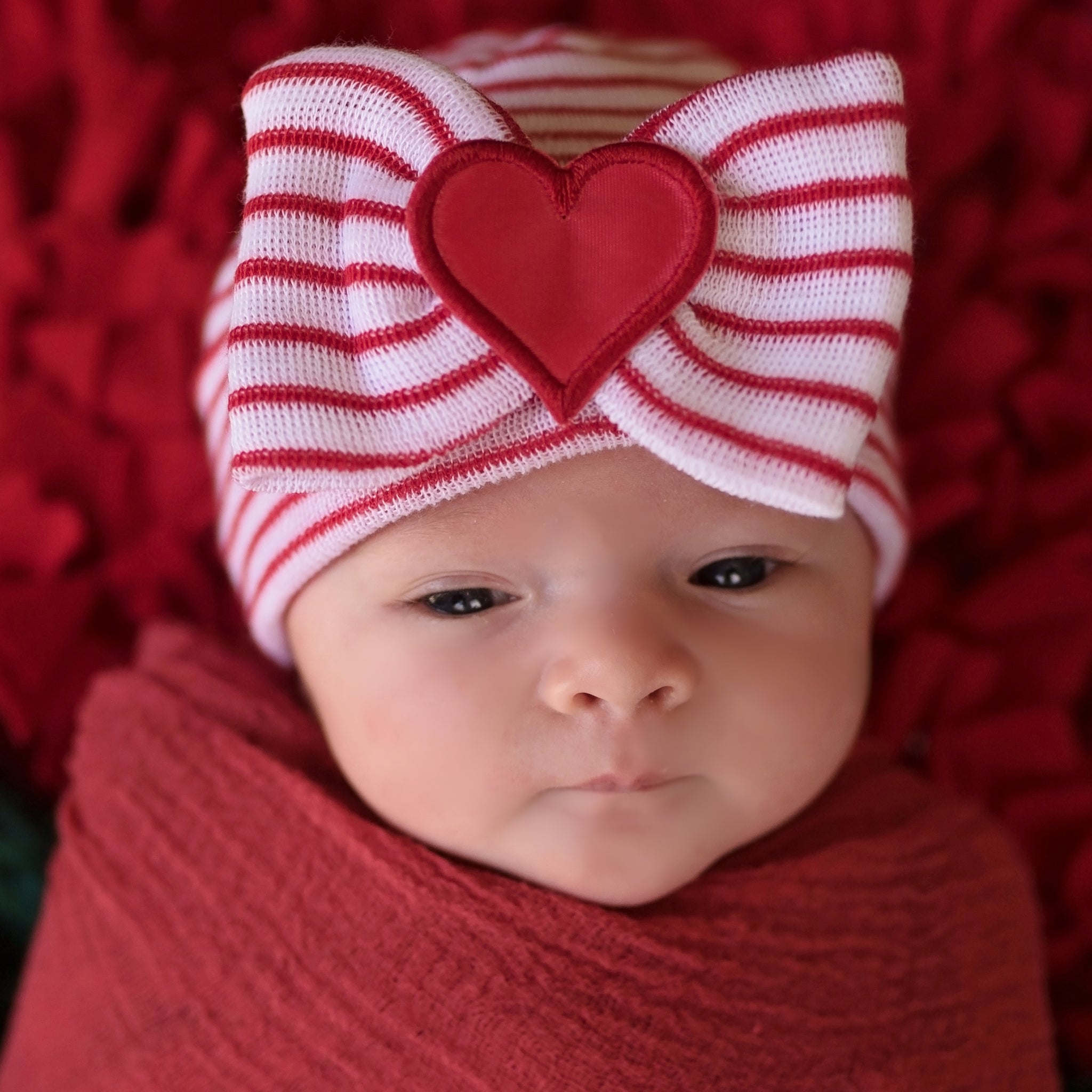 Red & White STRIPED With All My Heart Newborn Girl Big Bow and Heart Patch Hospital Hat