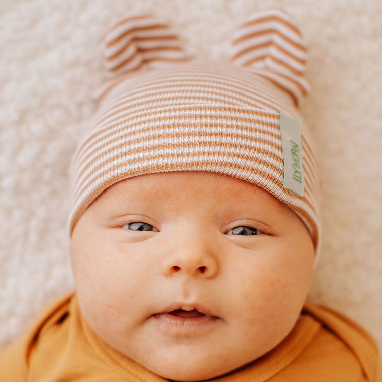 ilybean Tan and White Striped Baby Bear Newborn Boy Hospital Hat