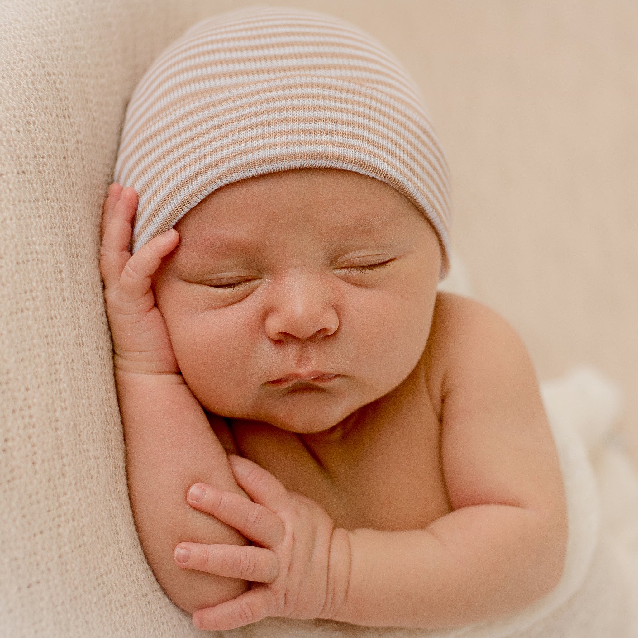 Tan & White Striped Newborn Hospital Hat