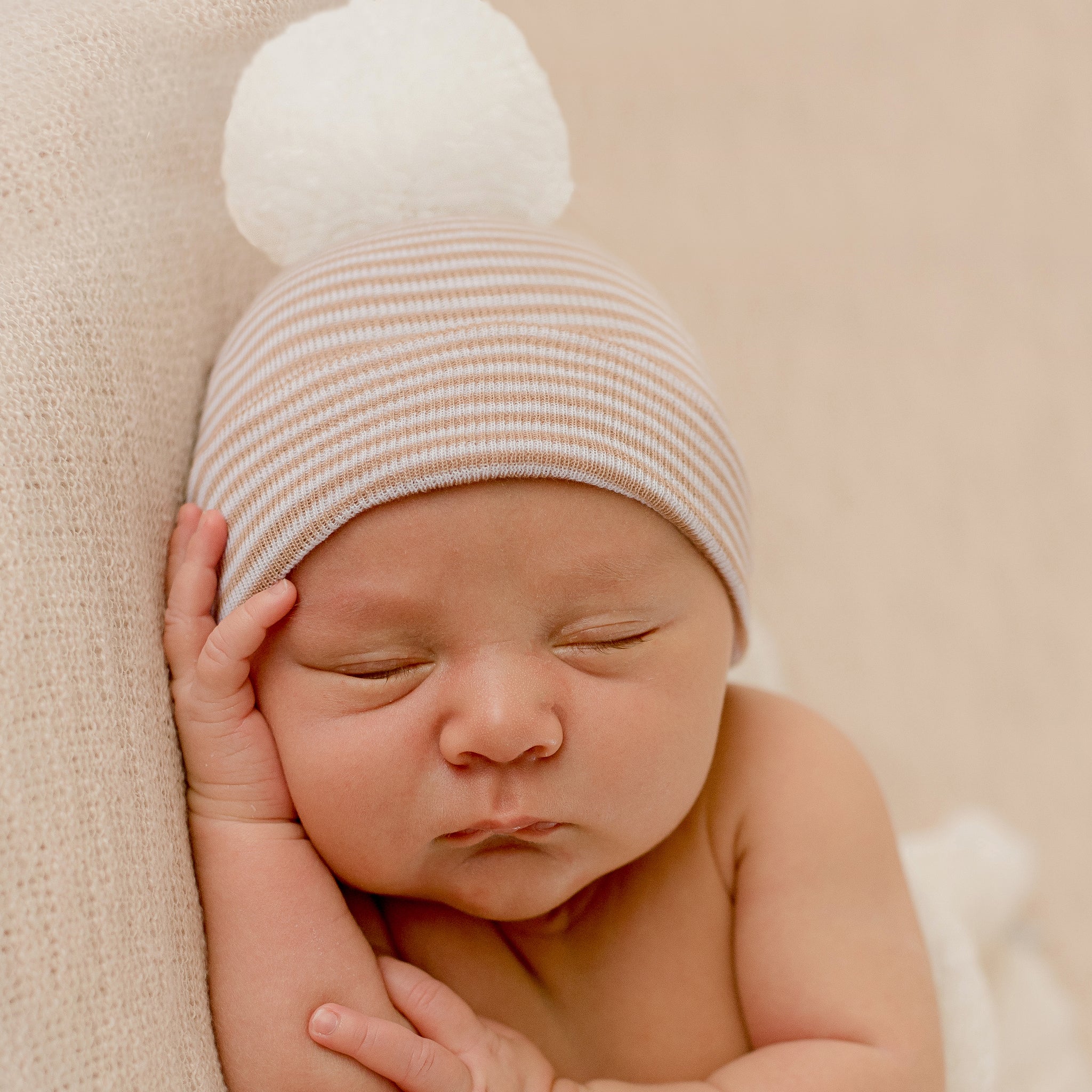 ilybean Tan and White Striped White Pom Pom Newborn Hospital Hat