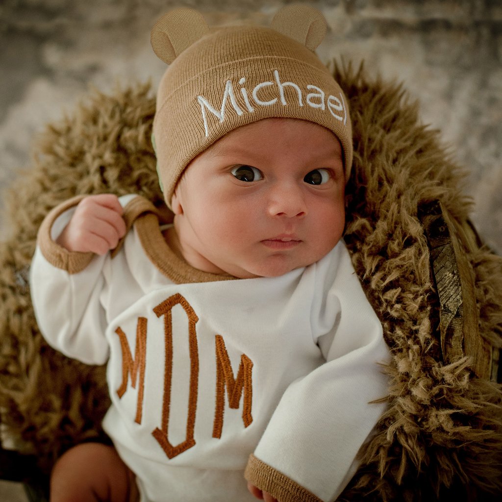 ilybean Solid Tan BEAR Ears Personalized Hat With Matching White Onesie And Tan Trim SET Newborn And Baby Hospital Hat