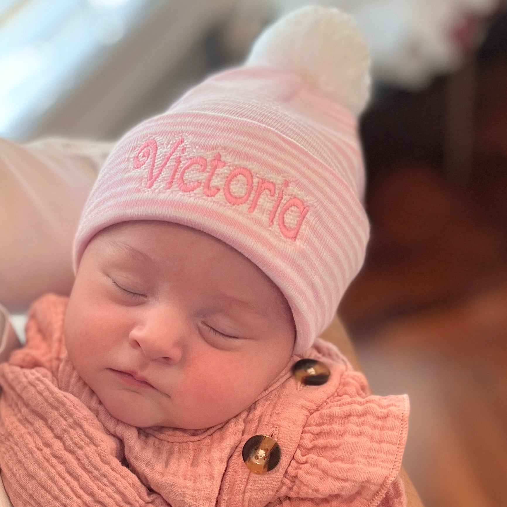 ilybean Personalized Striped Pink and White Nursery Hospital Hat with Mixed Pink and White Pom Pom