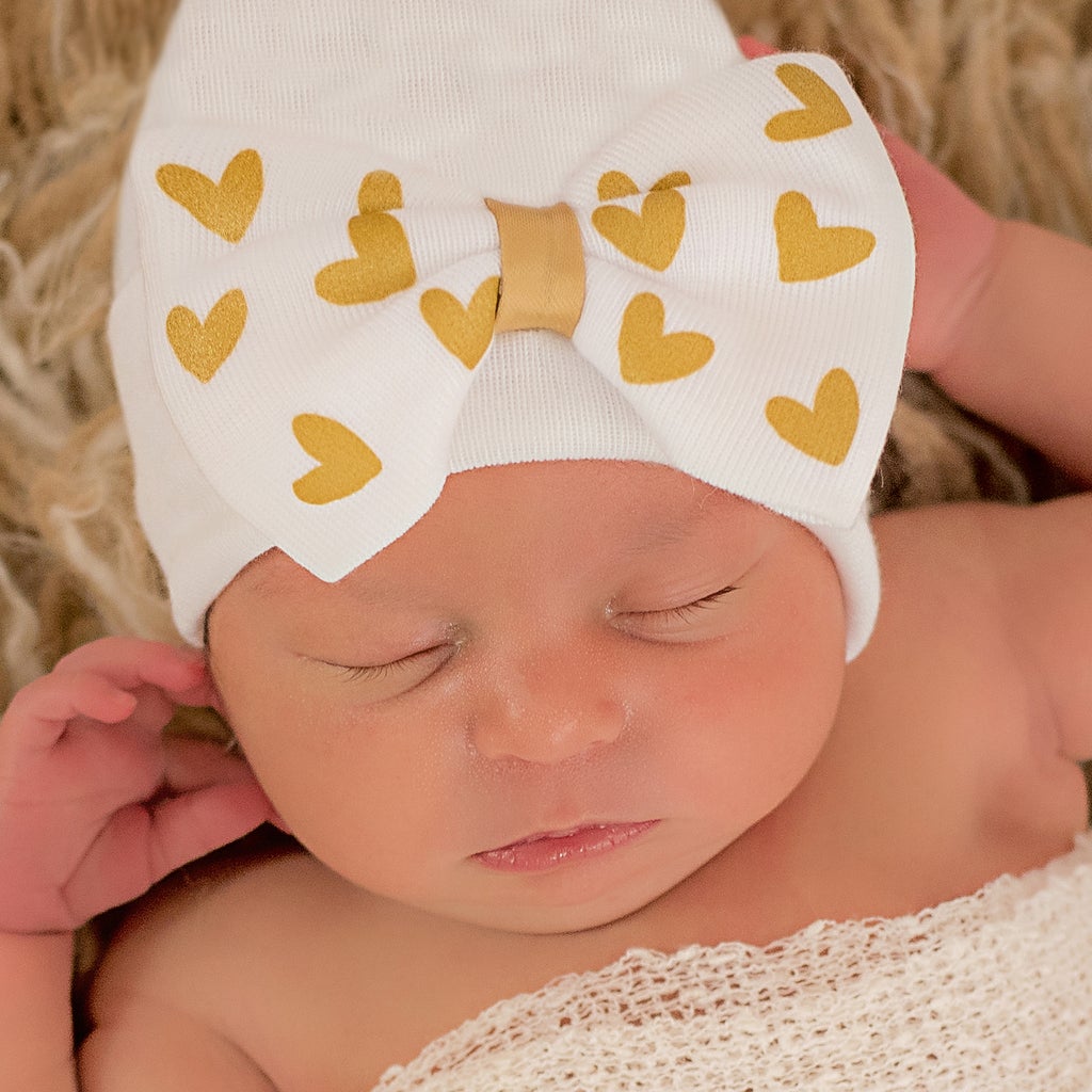 Printed Shimmery Gold Heart White Big Bow Newborn Girl White Hospital Hat Newborn Hat Infant Hat