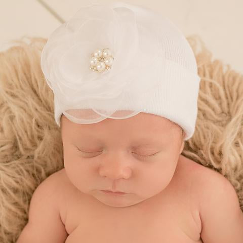 ilybean Charlize White Chiffon Flower on White Newborn Hospital Hat