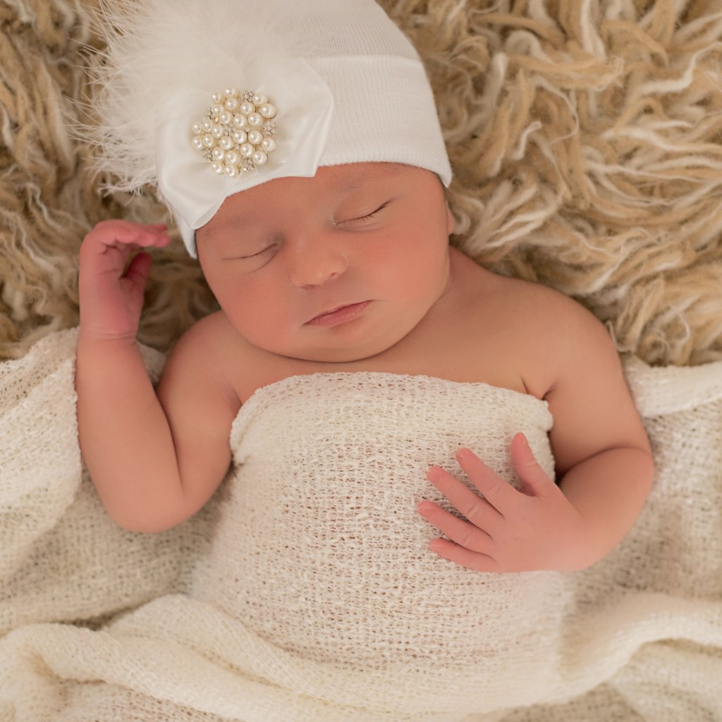 White or Pink Fancy Feather With Pearl And Rhinestone Jewel Newborn Girl Hospital Hat - White Hospital Hat