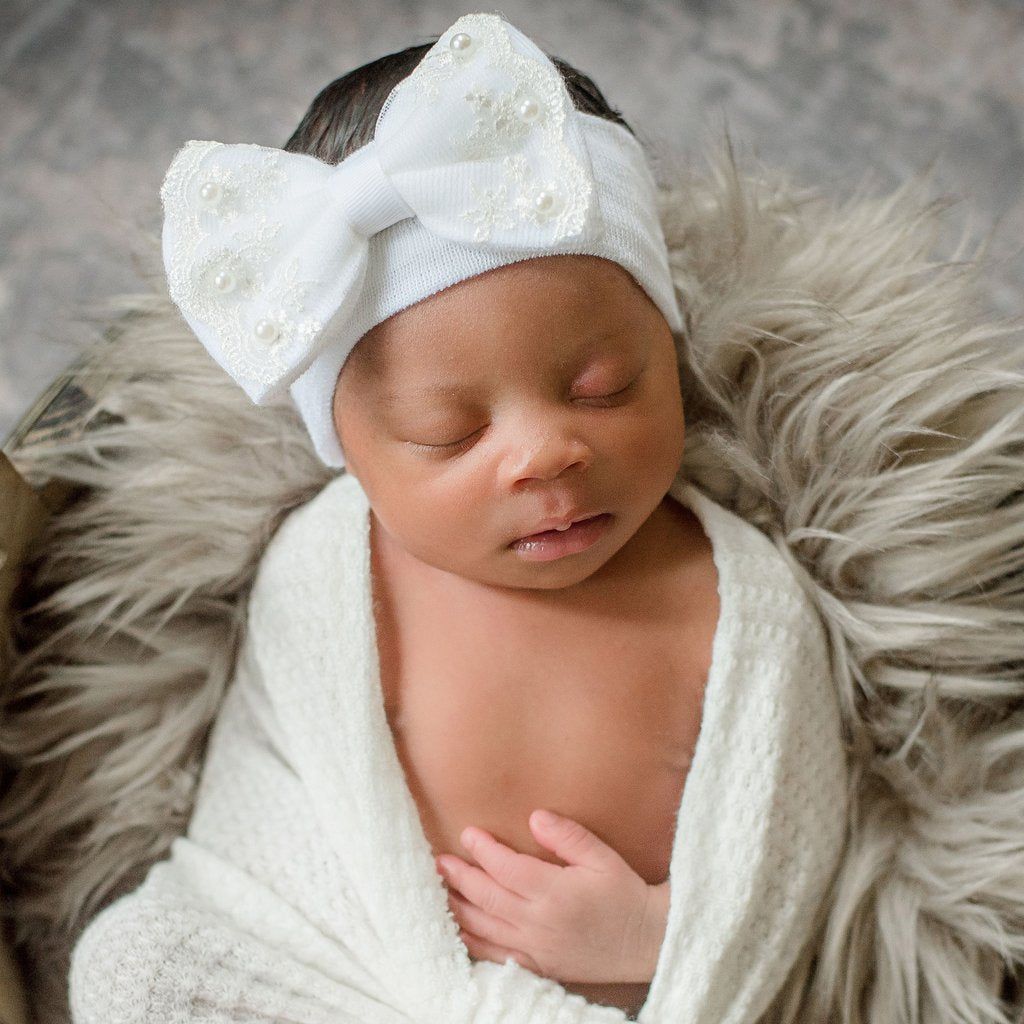 ilybean White Lace And Pearl Trim Newborn Girl Nursery Headband - Newborn Hospital Headband - Nursery Headband