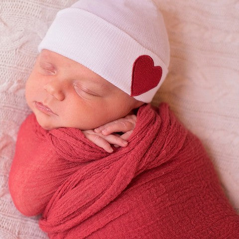 ilybean White Hat with Red Satin Heart Patch Newborn Gender Neutral Hospital Hat