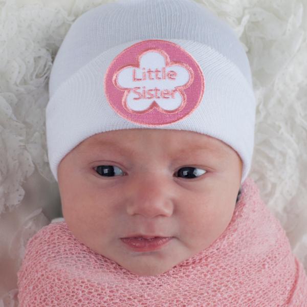 Little Sister Pink (or WHITE) Newborn Girl Hospital Hat