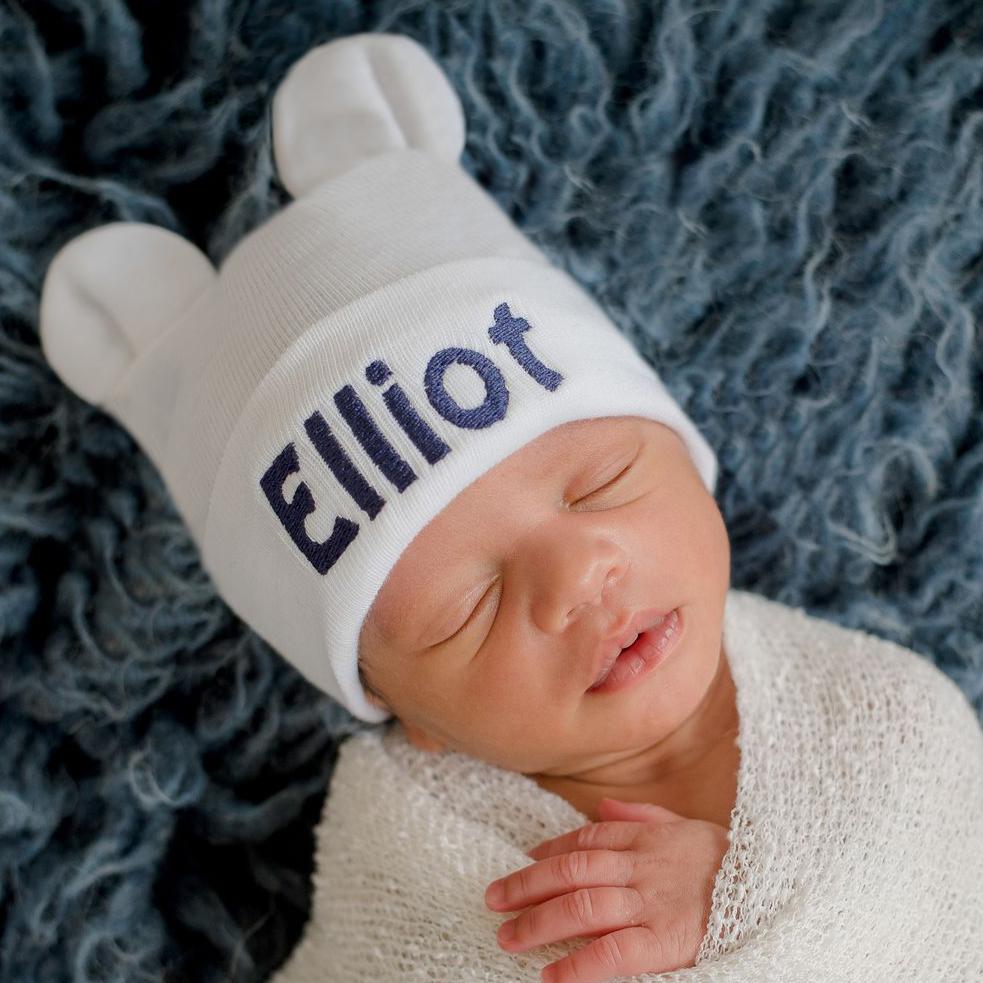 Personalized ilybean White (or Blue) Baby Bear Newborn Hospital Hat for boys or girls- newborn hospital hat