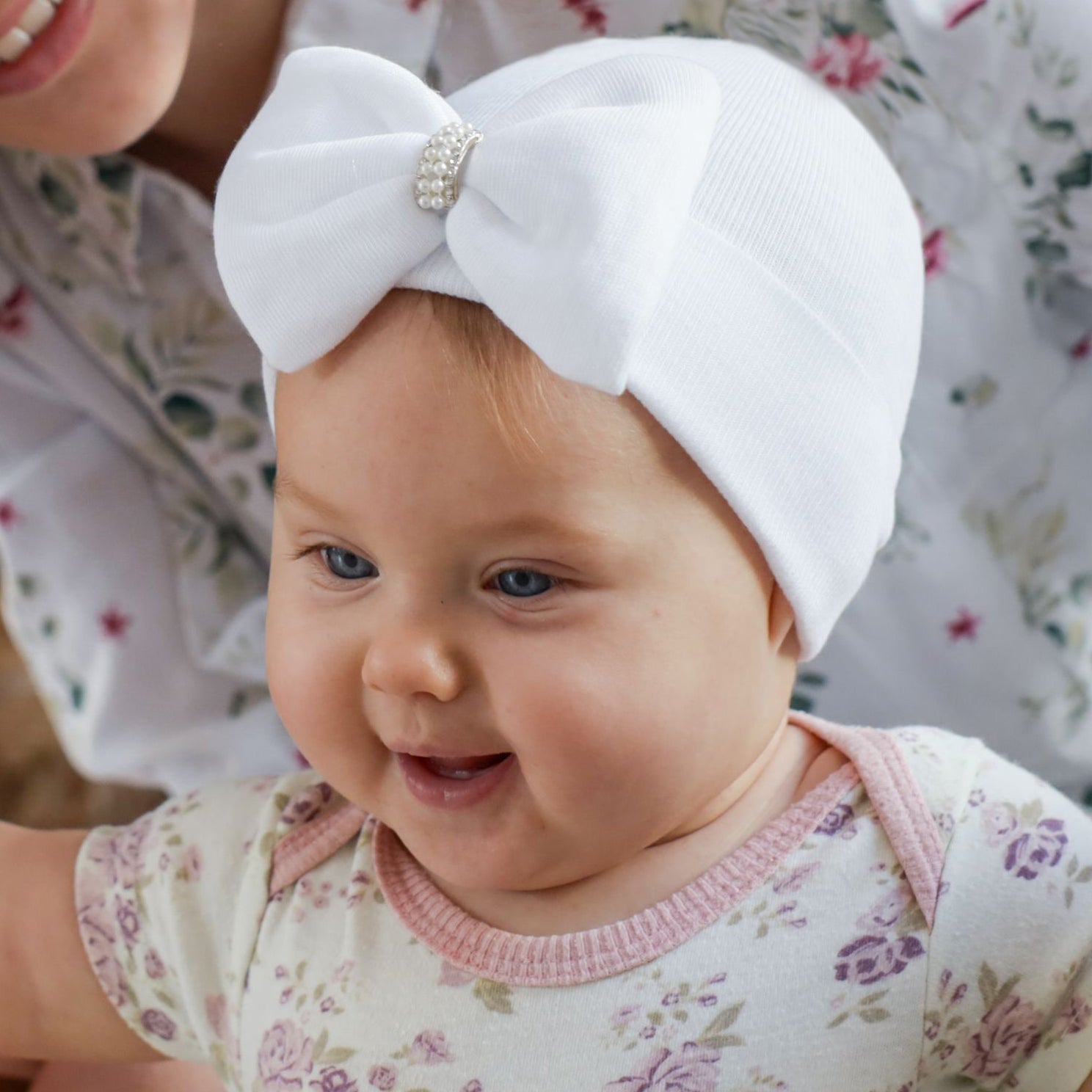ilybean Pink or White Big Bow Newborn Girl Hospital Hat with Pearl Rhinestone Jewel at Center