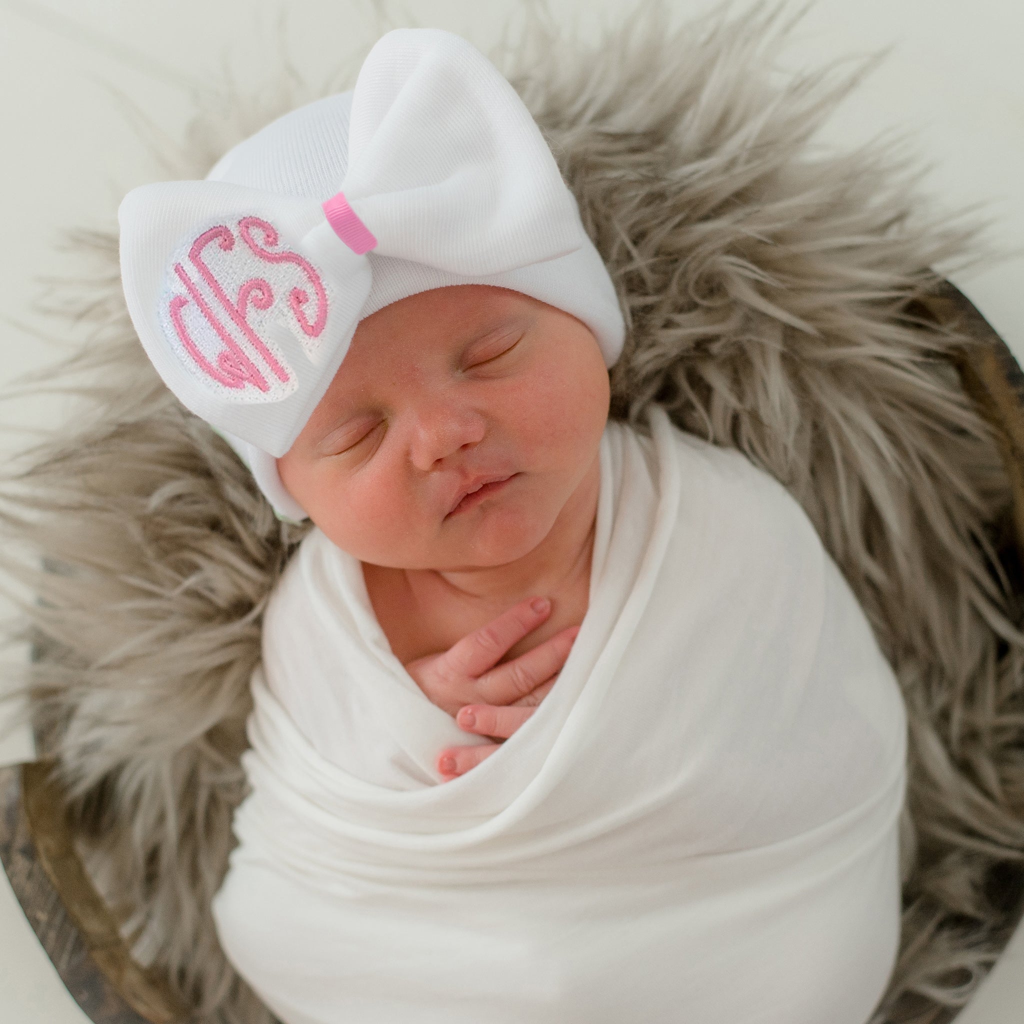 ilybean Willa White Bow Hospital Hat with Pink Ribbon Bow  - Newborn Girl Hospital Hat