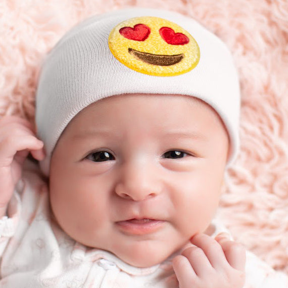 Blue, Pink or White Heart Eye Emoji Chenille Patch Newborn Hospital Hat - 3 sizes available