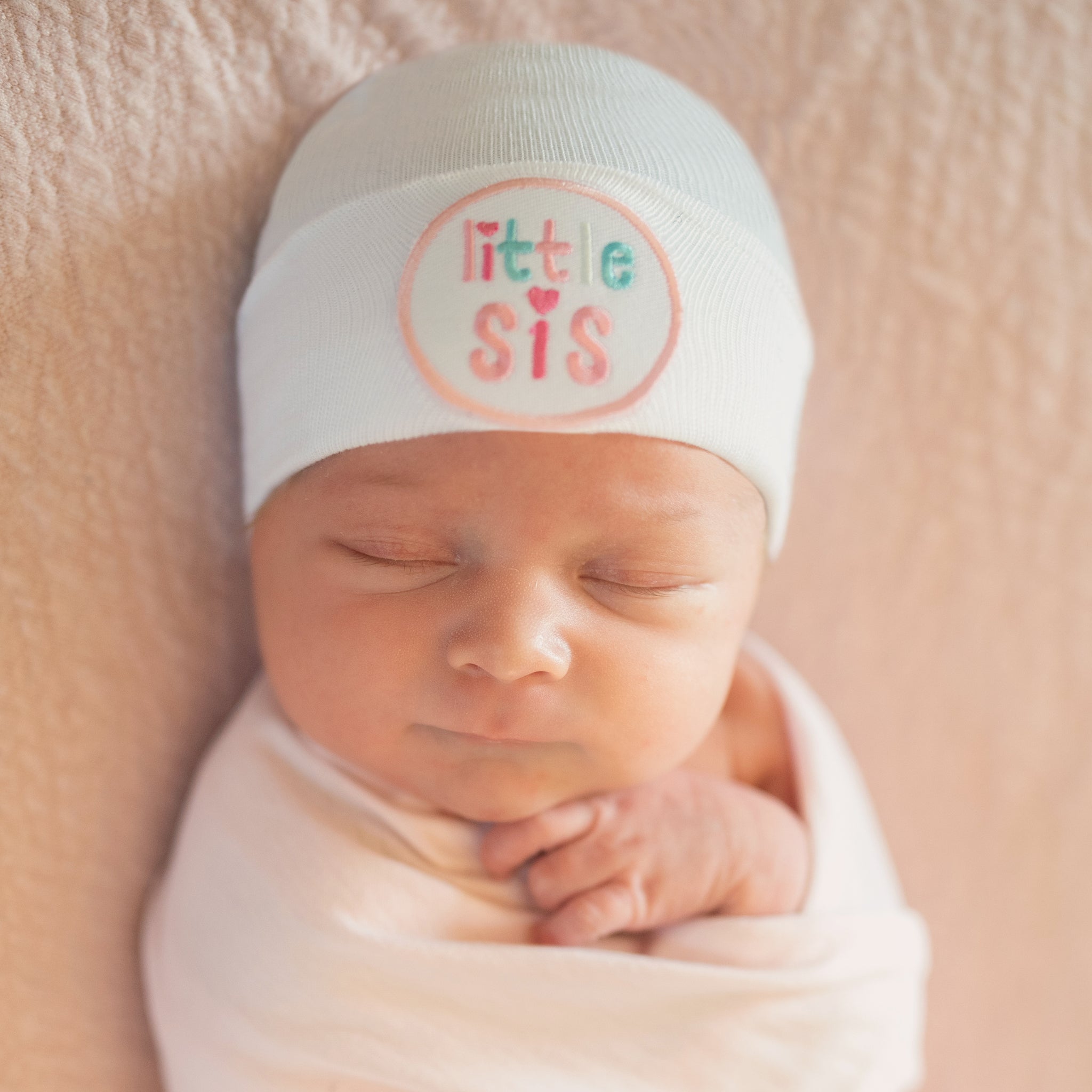 ilybean PINK STRIPED OR SOLID WHITE LITTLE SIS BABY GIRL HAT