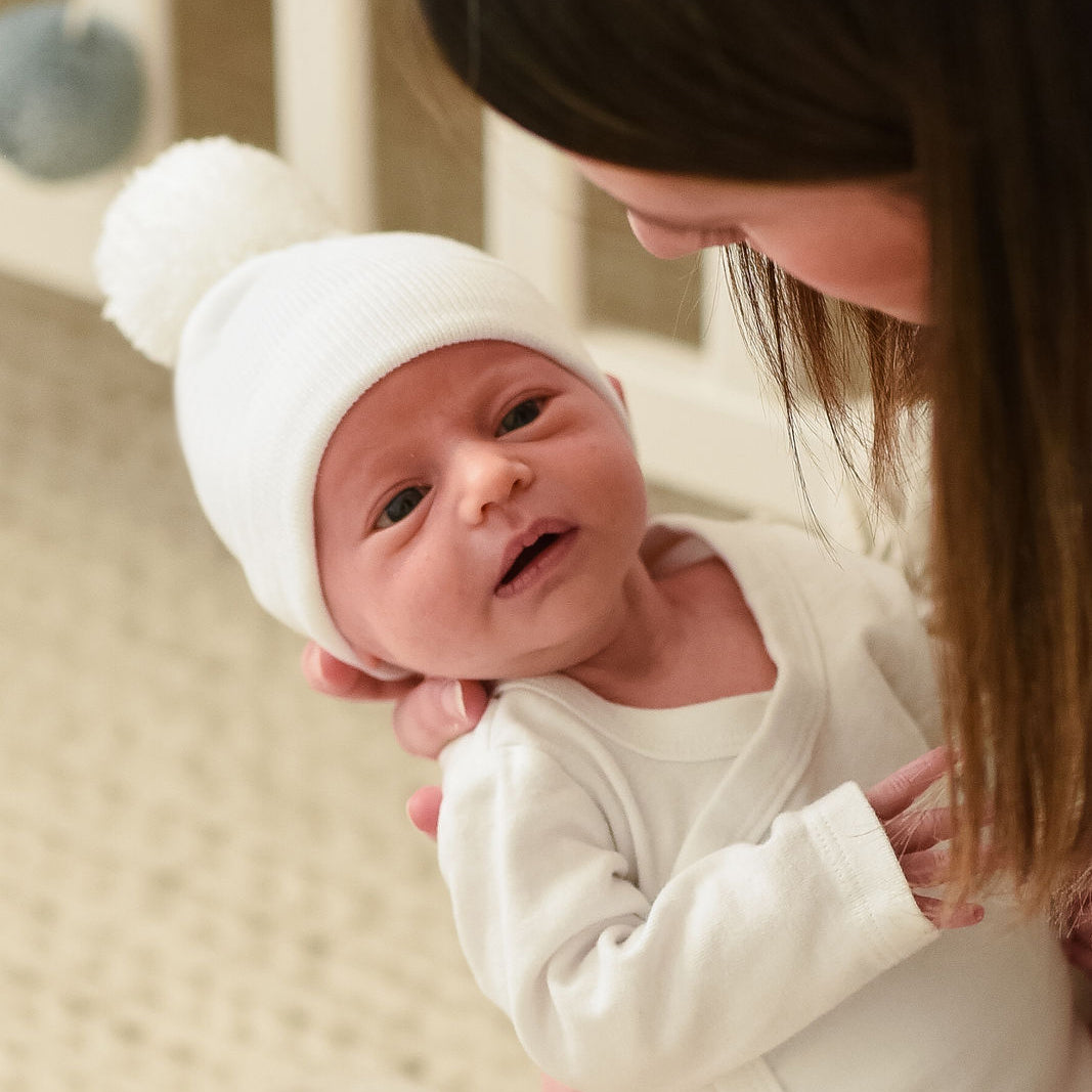 ilybean Solid White Newborn Hospital Hat with white Pom Pom - Gender Neutral