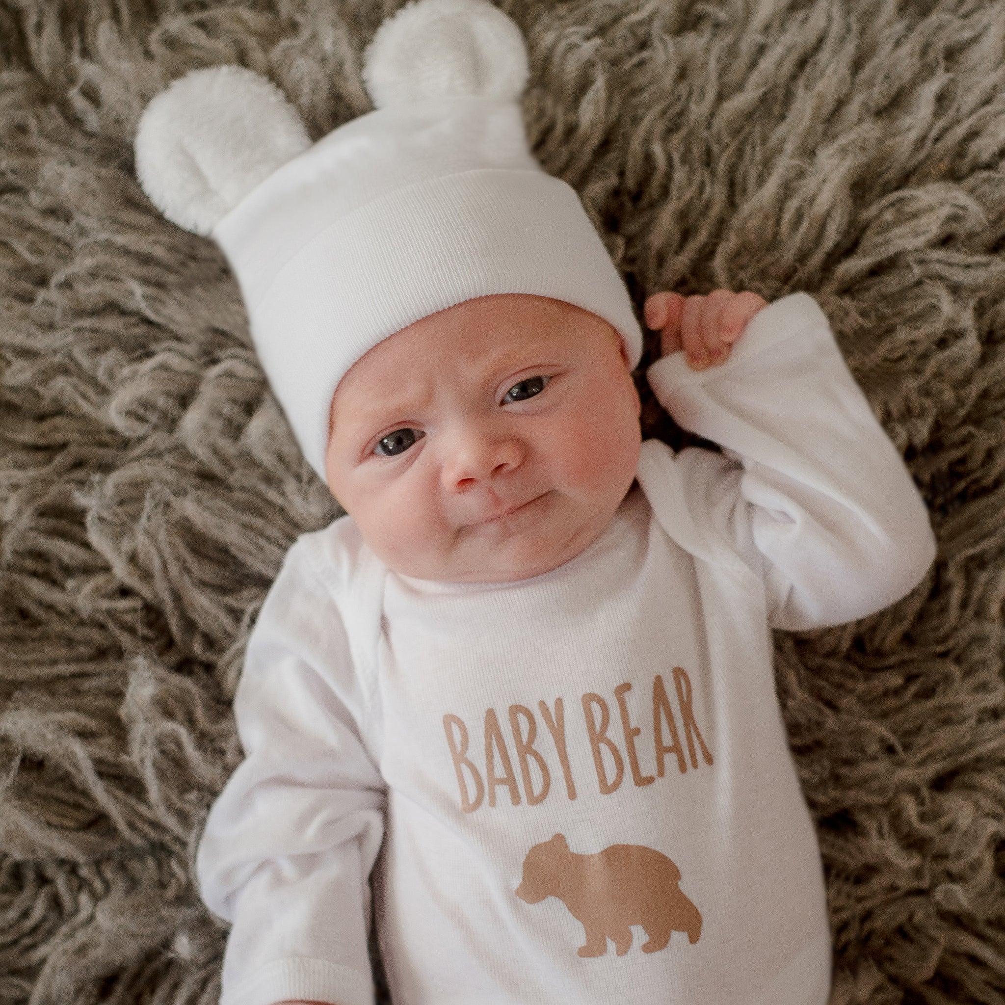 Baby Bear Fuzzy White Bear Hat with Matching Baby Bear Onesie- Gender Neutral Take Home Outfit for Newborns