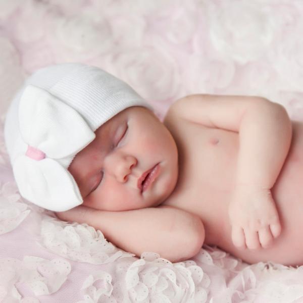 ilybean Willa White Bow Hospital Hat with Pink Ribbon Bow  - Newborn Girl Hospital Hat